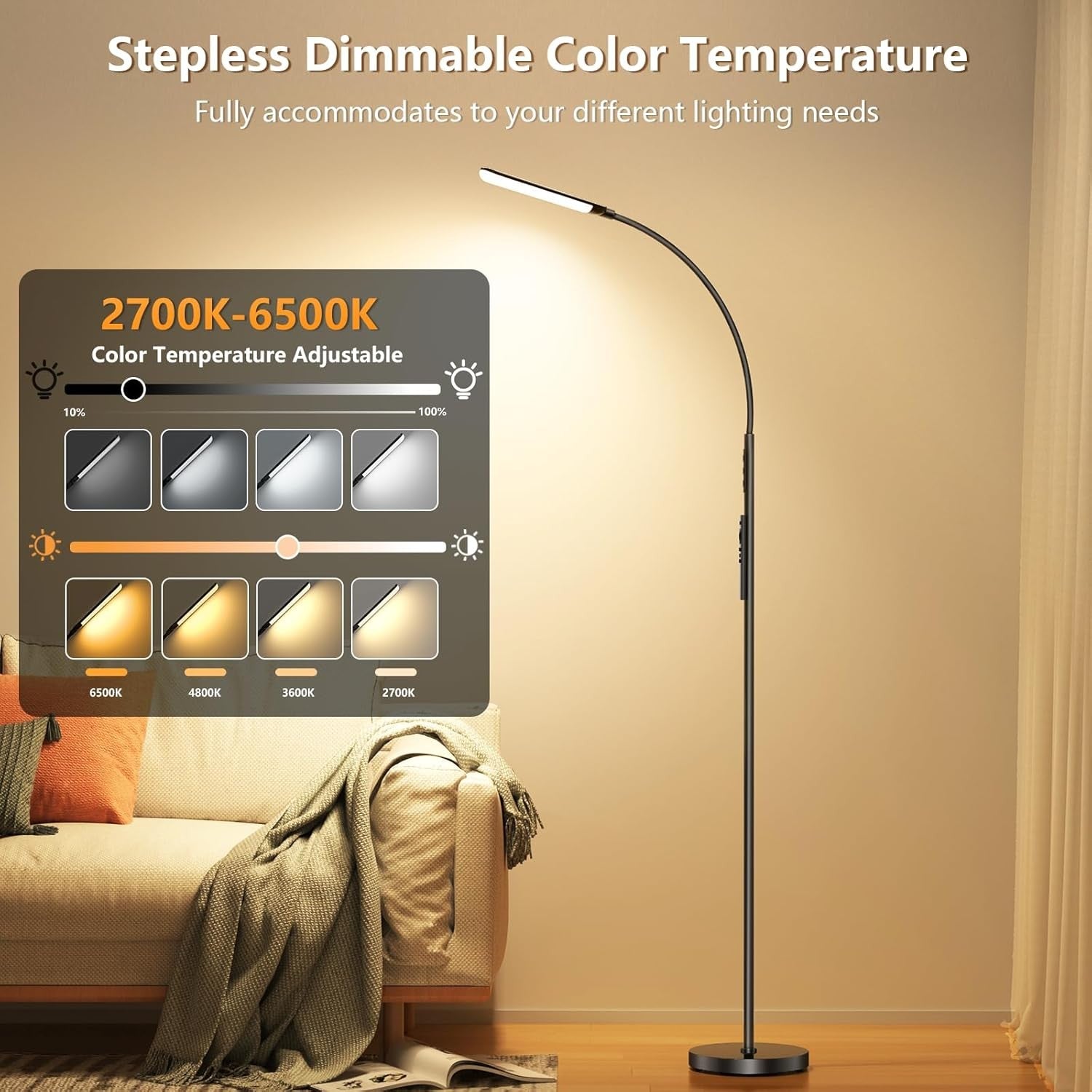 LED Floor Reading Lamp Remote Control Dimmable Adjustable Light Black