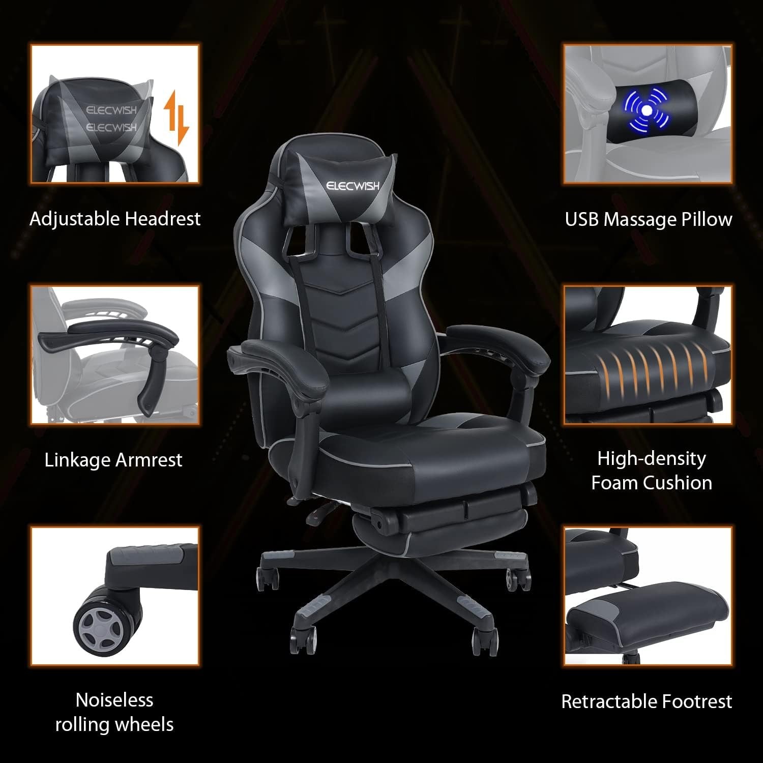 Reclining Gaming Chair Grey w/ Footrest & Massage Lumbar