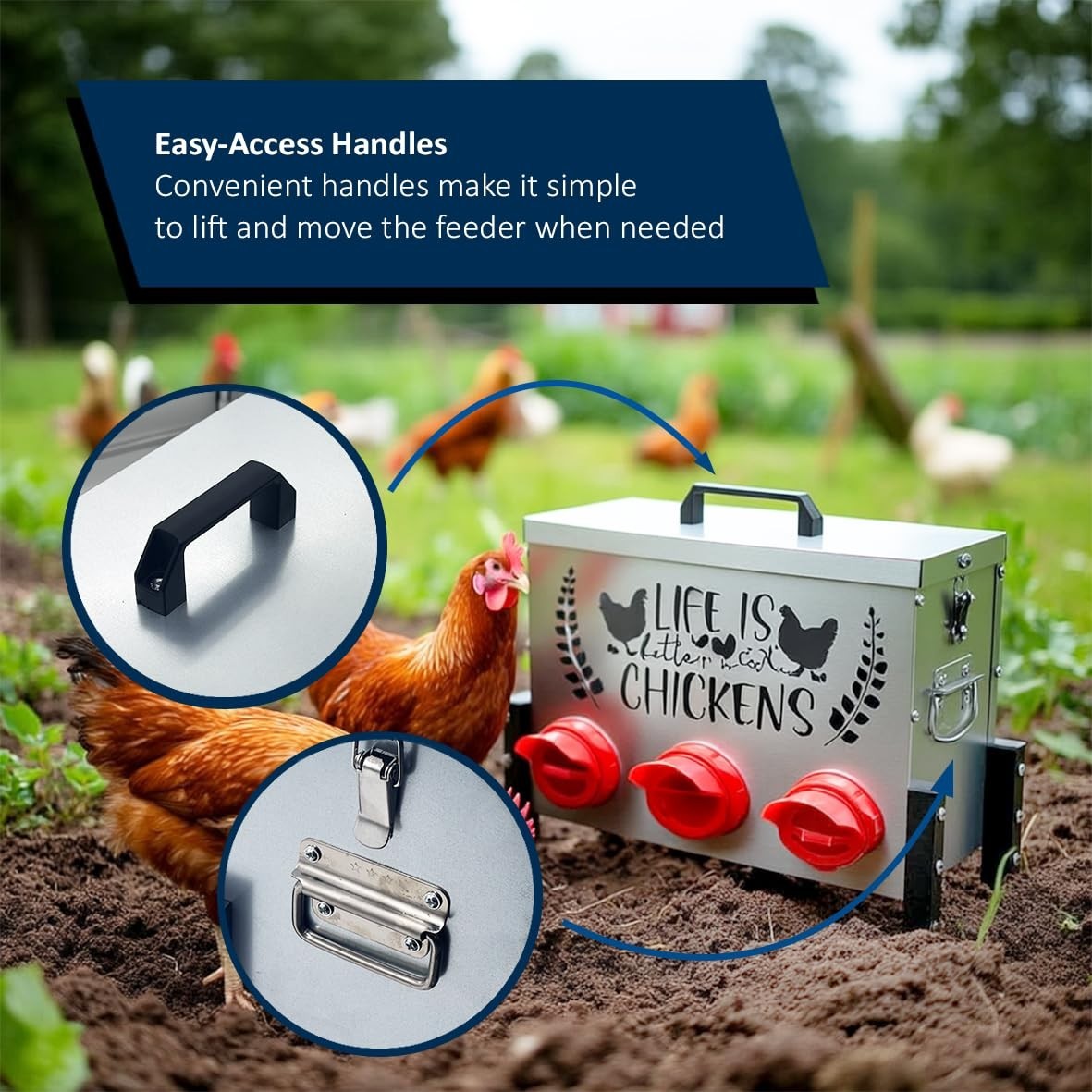 Metal Chicken Feeder 6 Port Dispenser with Stand Lid