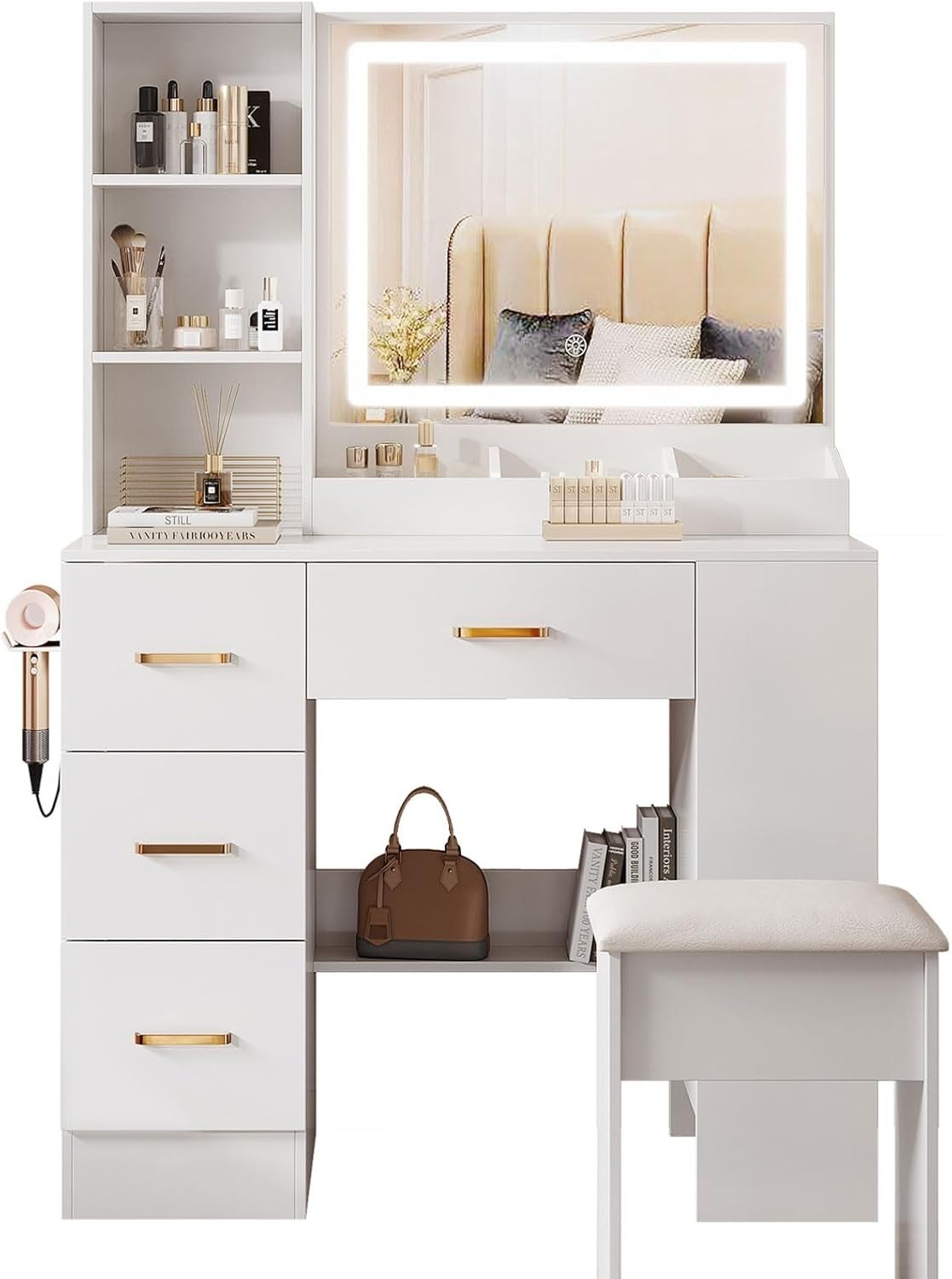 White Vanity Desk w/Lighted Sliding Mirror 4 Drawers Hidden Storage Cabinet