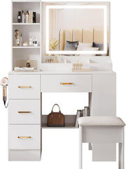 White Vanity Desk w/Lighted Sliding Mirror 4 Drawers Hidden Storage Cabinet