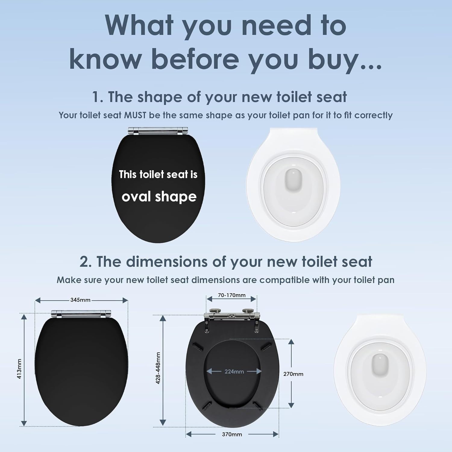 Black Soft Touch Toilet Seat Soft Close Click & Clean One Button Release 41x35cm