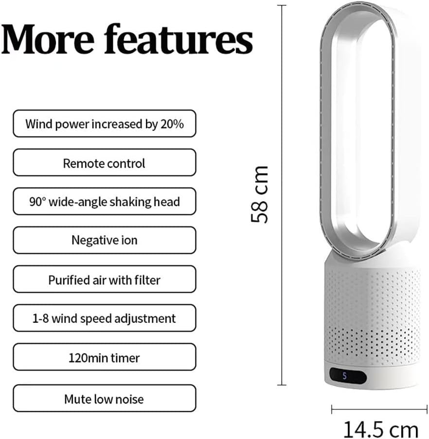 Bladeless Tower Fan 2-in-1 Air Purifier 8-Speed LED Touch Remote Control Silver