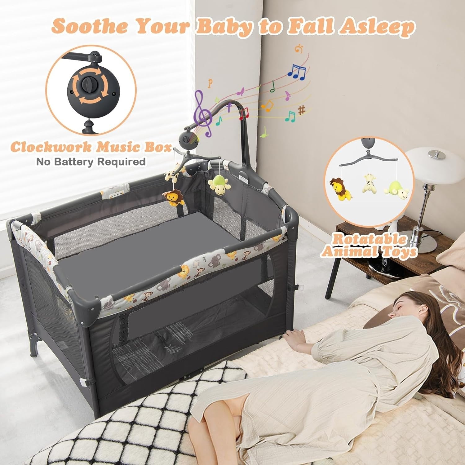 4in1 Travel Cot Baby Bedside Foldable Crib Bassinet Portable Playard Dark Grey