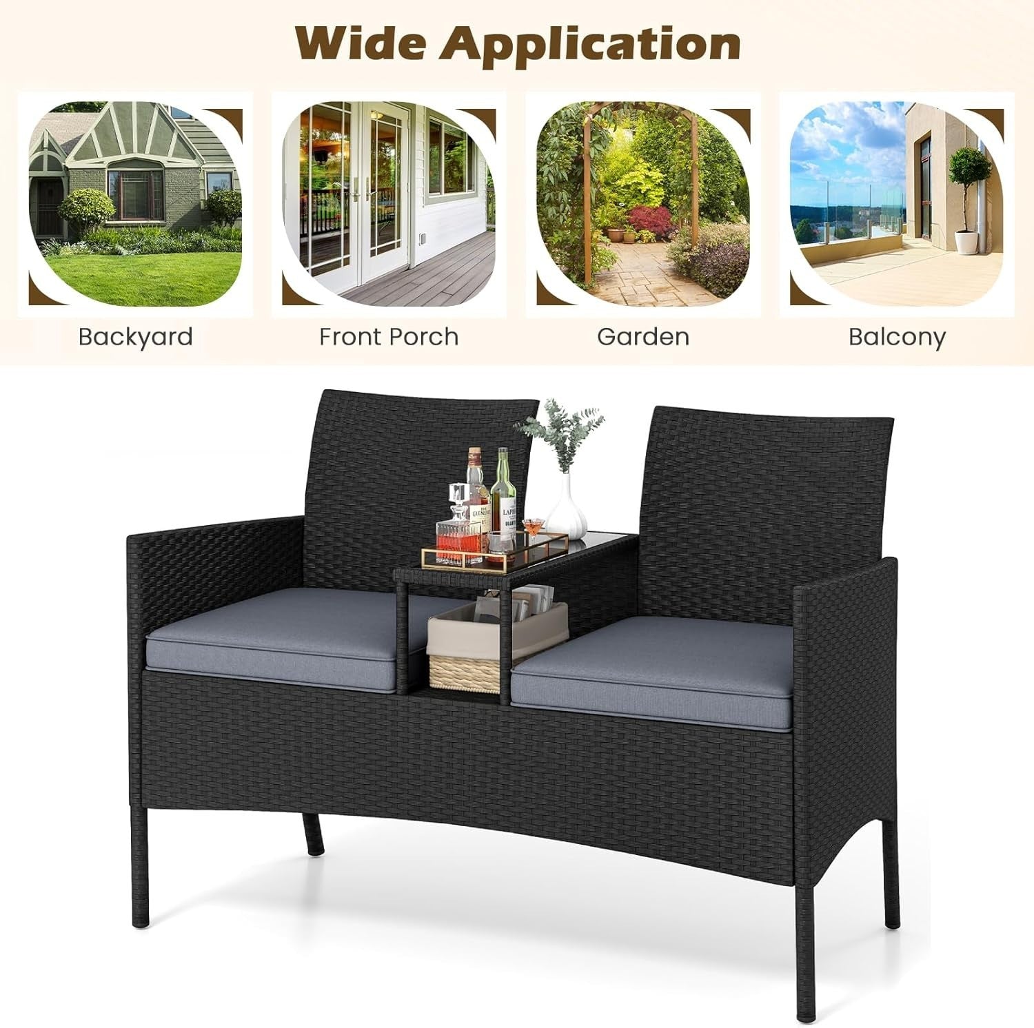 Outdoor Rattan 2 Seater Love Seat with Glass Table Garden Patio Sofa Grey