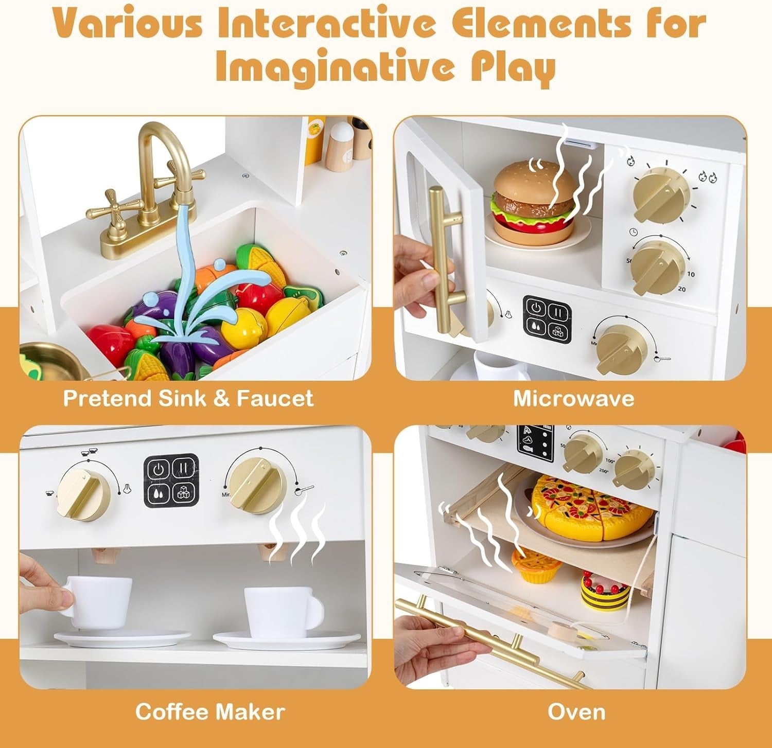 Kids Wooden Play Kitchen Lights Sounds Ice Maker Coffee Station
