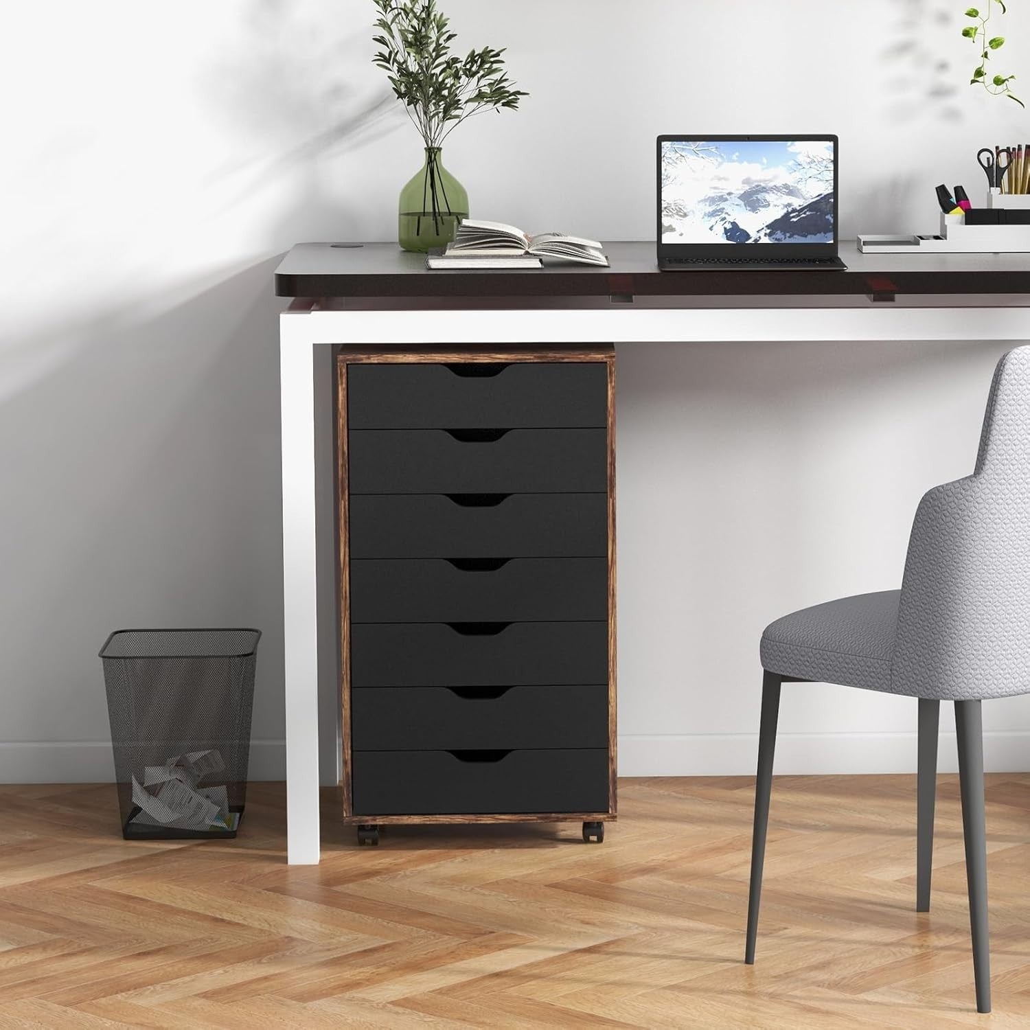 Rustic Brown Mobile Filing Cabinet 7 Drawer Storage Unit Wheels for Home Office