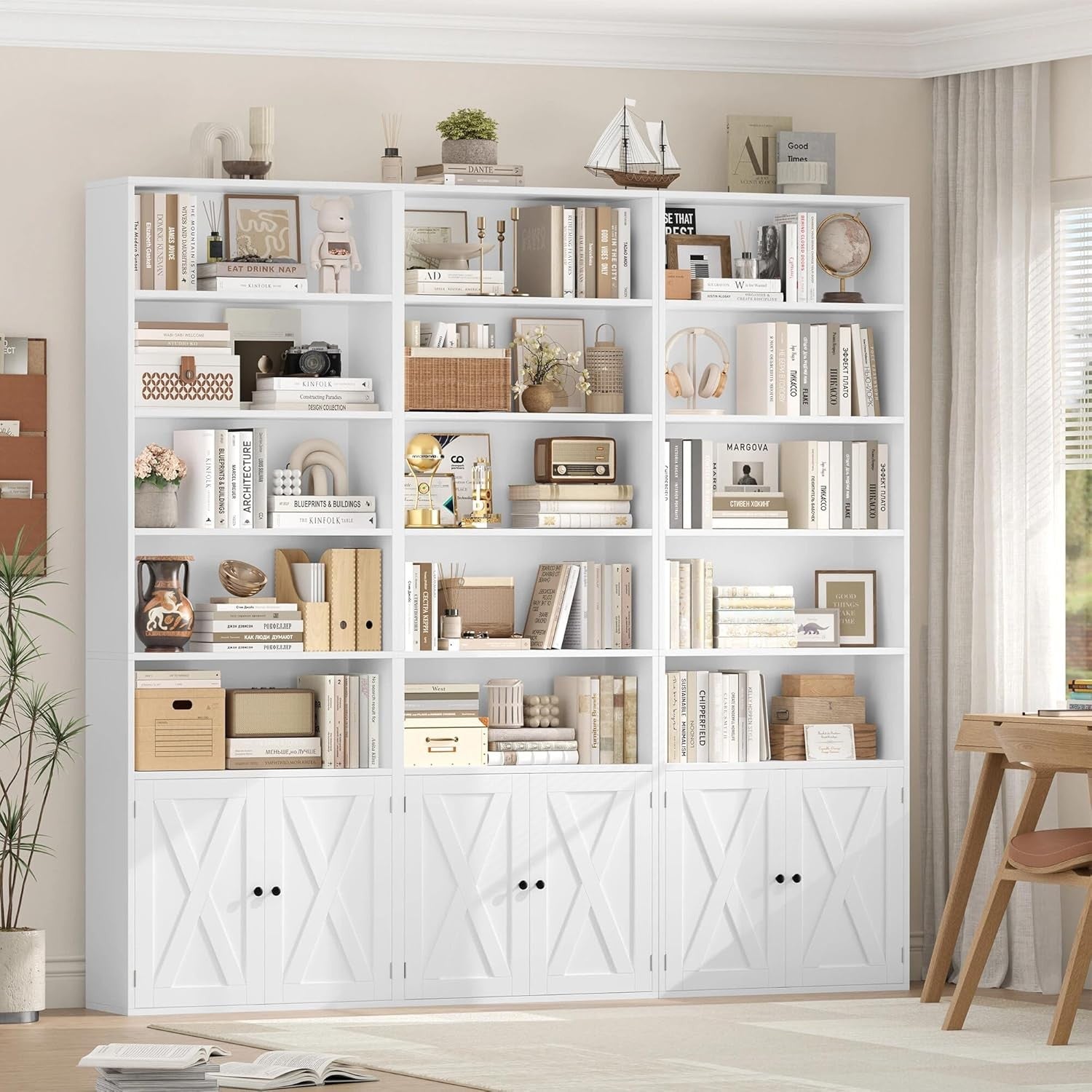 Tall White 7-Tier Bookcase with Doors Modern Storage Cabinet Adjustable Shelves