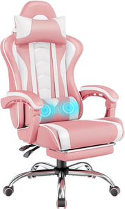 Gaming Chair with Footrest Massage Ergonomic Reclining Pink