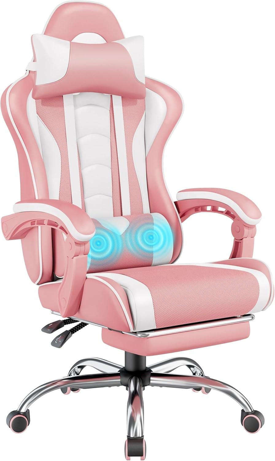 Gaming Chair with Footrest Massage Ergonomic Reclining Pink