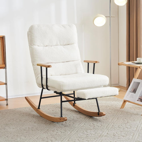 Mid-Century Rocking Chair with Footstool – Bouclé, Tufted, Wood Legs