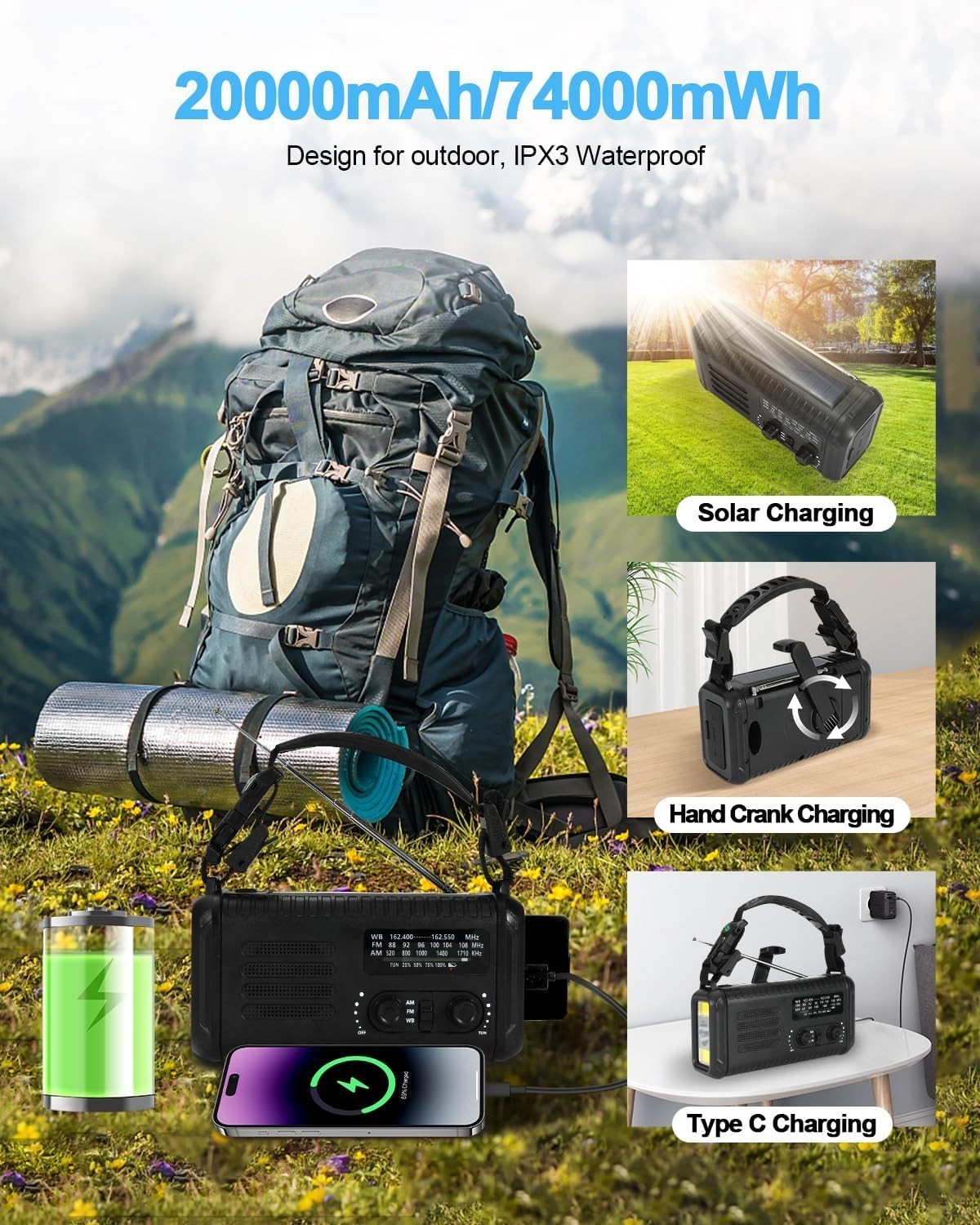 Wind Up Black Solar Emergency Radio with 20000mAh Battery, AM/FM & Flashlight