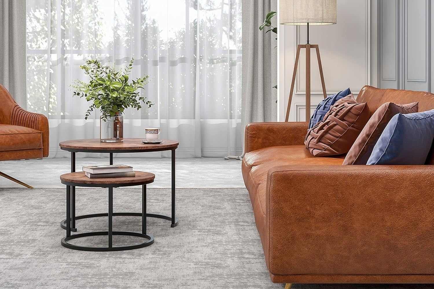 Space Saving Nesting Coffee Tables Set Round MDF Top Metal Frame Modern Black/Br