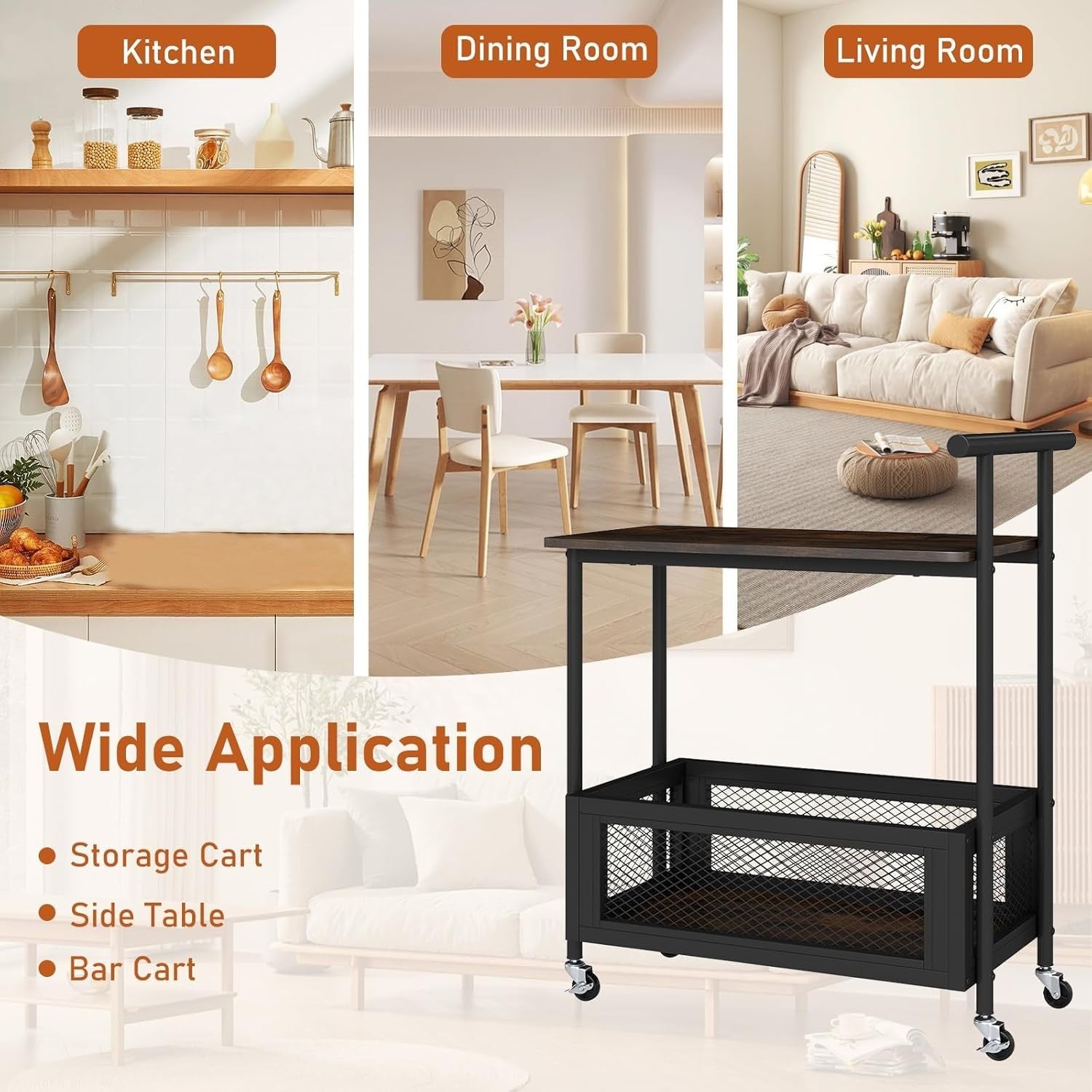 3 Tier Rolling Bar Cart Rustic Serving Trolley Drinks Storage Wheels