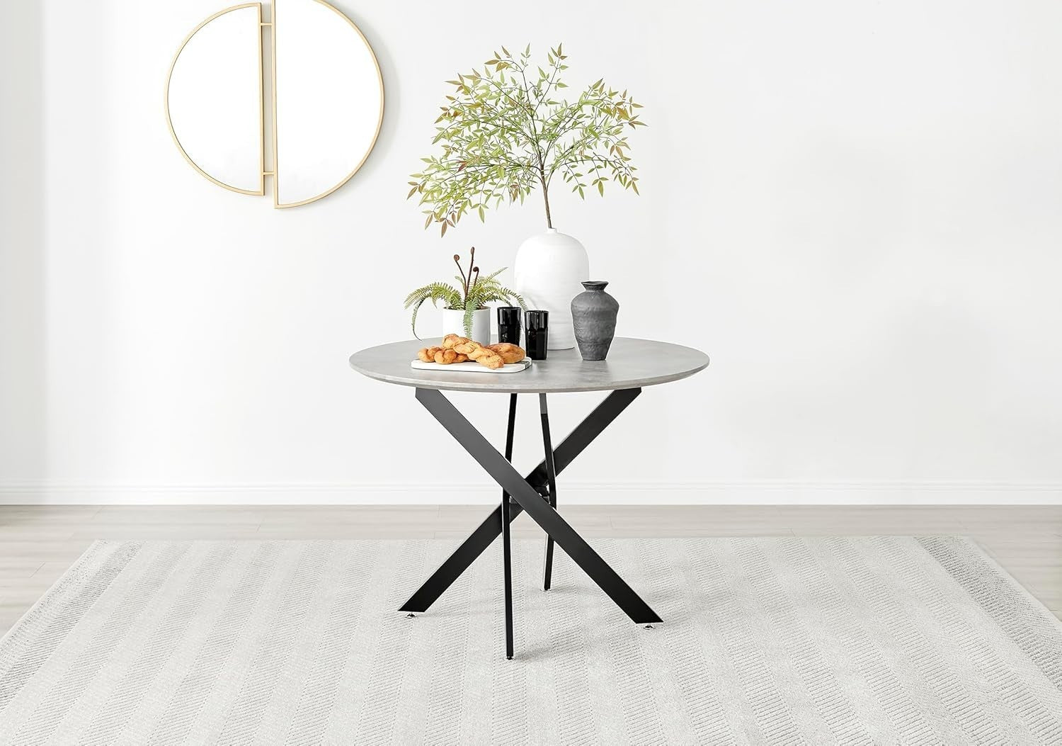 Round Concrete Dining Table 100cm Black Legs Modern Compact 2–4 Seater
