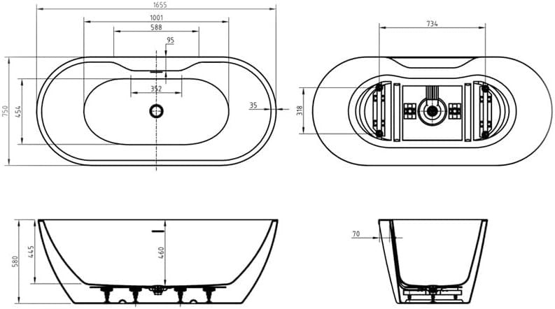 1655x750mm Oval Double Ended Acrylic Bath White Freestanding Soaking Tub