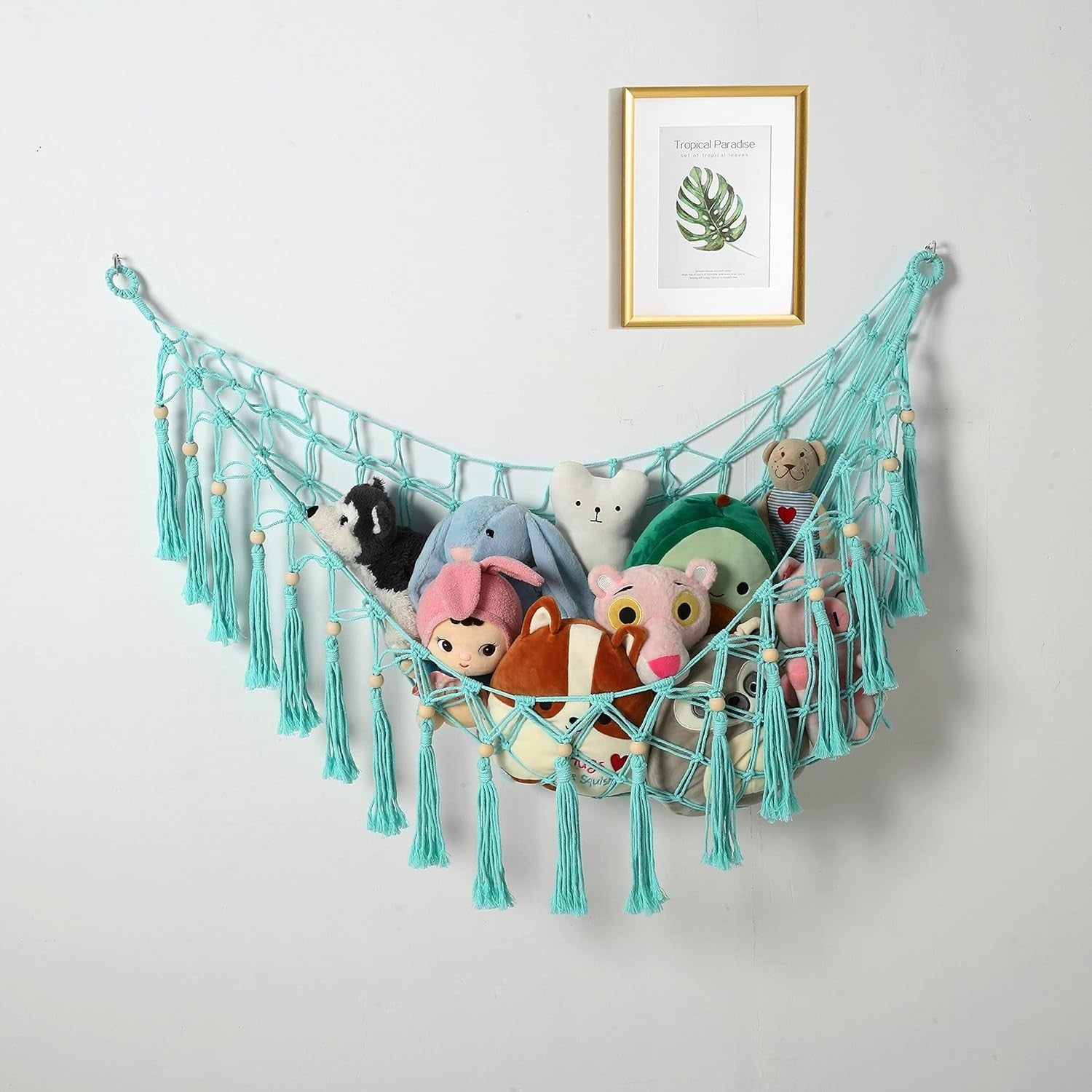 Green Macrame Toy Hammock – Soft Plush Animal Storage Net – Boho Kids Room