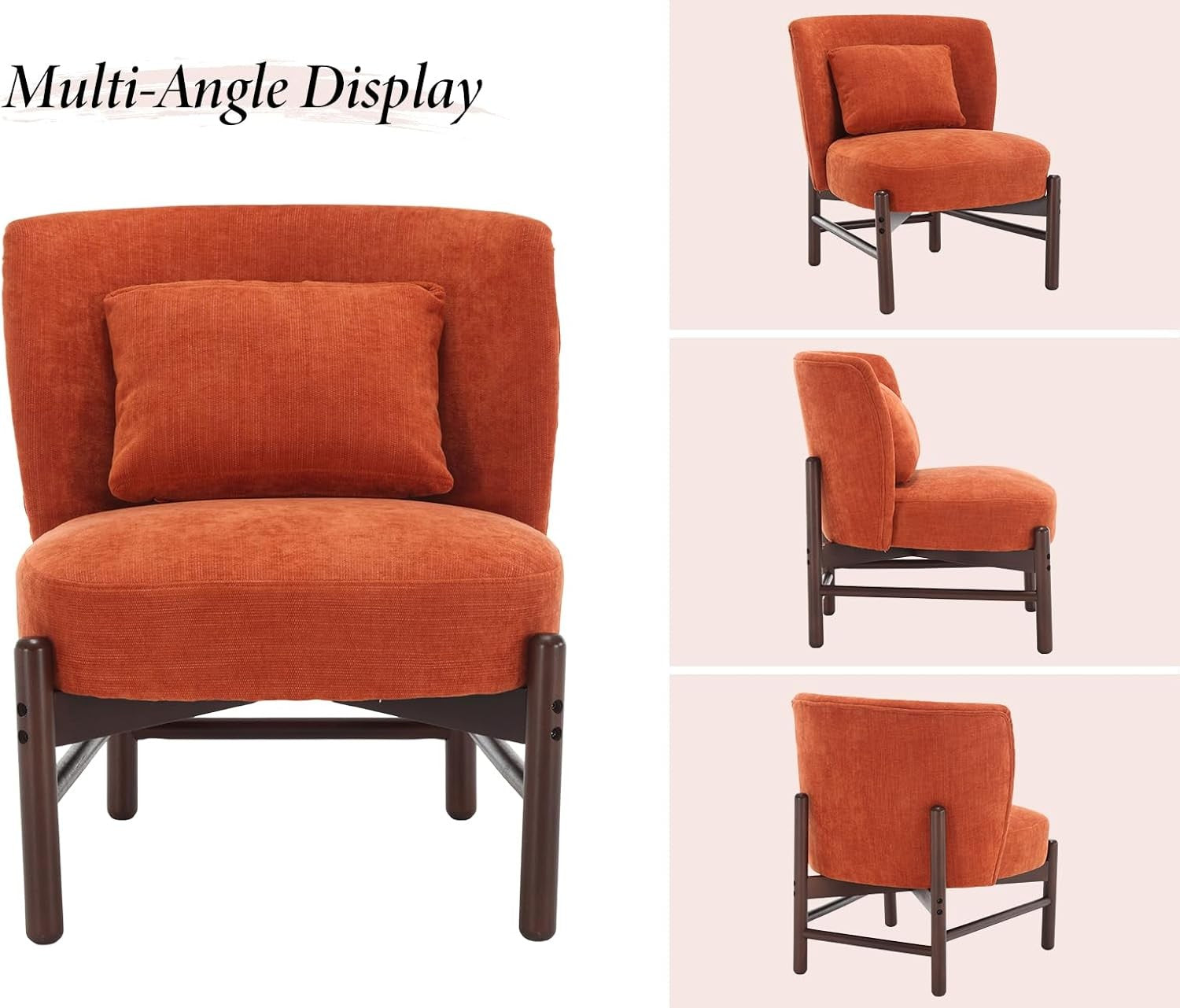 Chenille Accent Chair Orange Armless Tub Chair with Pillow