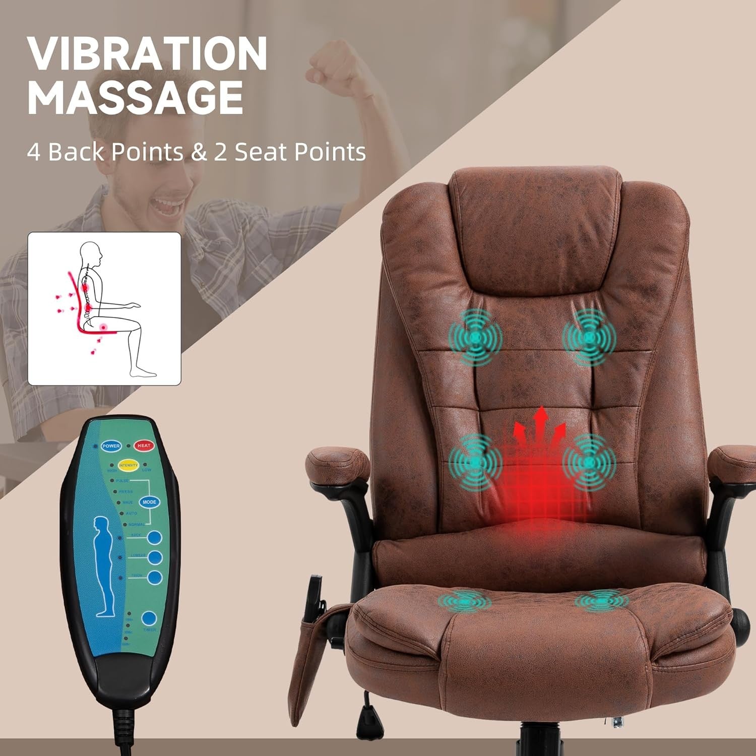 Heated Massage Office Chair 6 Point High Back Microfiber Brown
