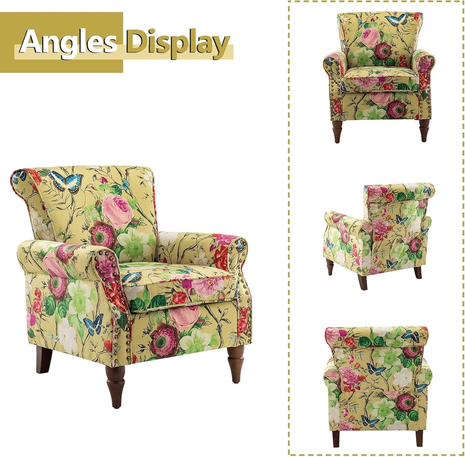 Floral Velvet Wingback Armchair Yellow Accent Chair for Living Room