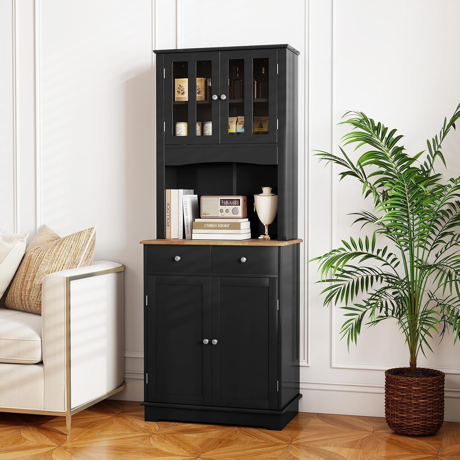 170cm Tall 4-Door Kitchen Cupboard 2-Drawer Adjustable Shelves Black