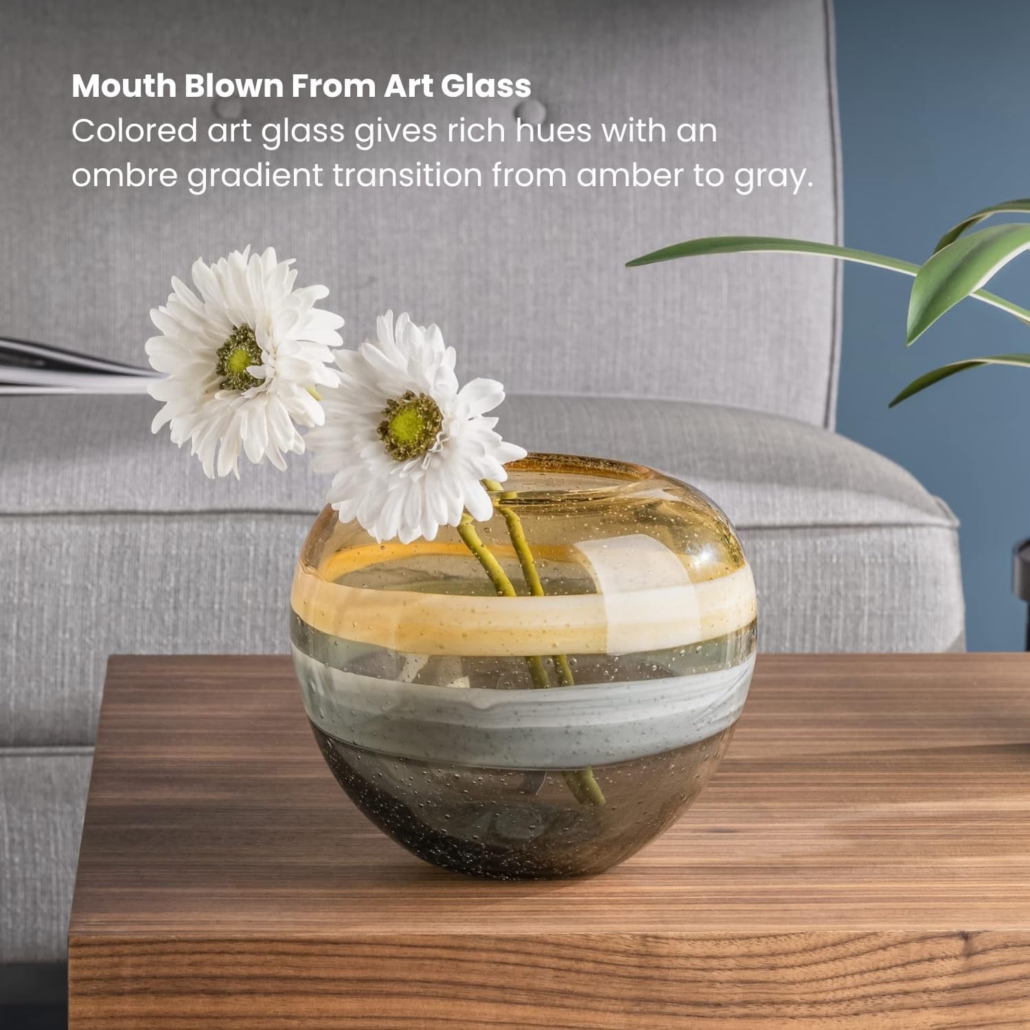 Handmade Amber Swirl Glass Sphere Vase Coastal Modern Home Centerpiece