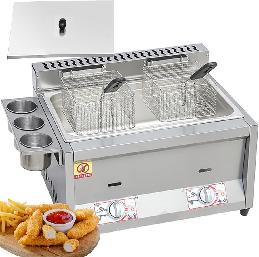 Commercial Tabletop Gas Deep Fryer 18L Stainless Steel Dual Basket