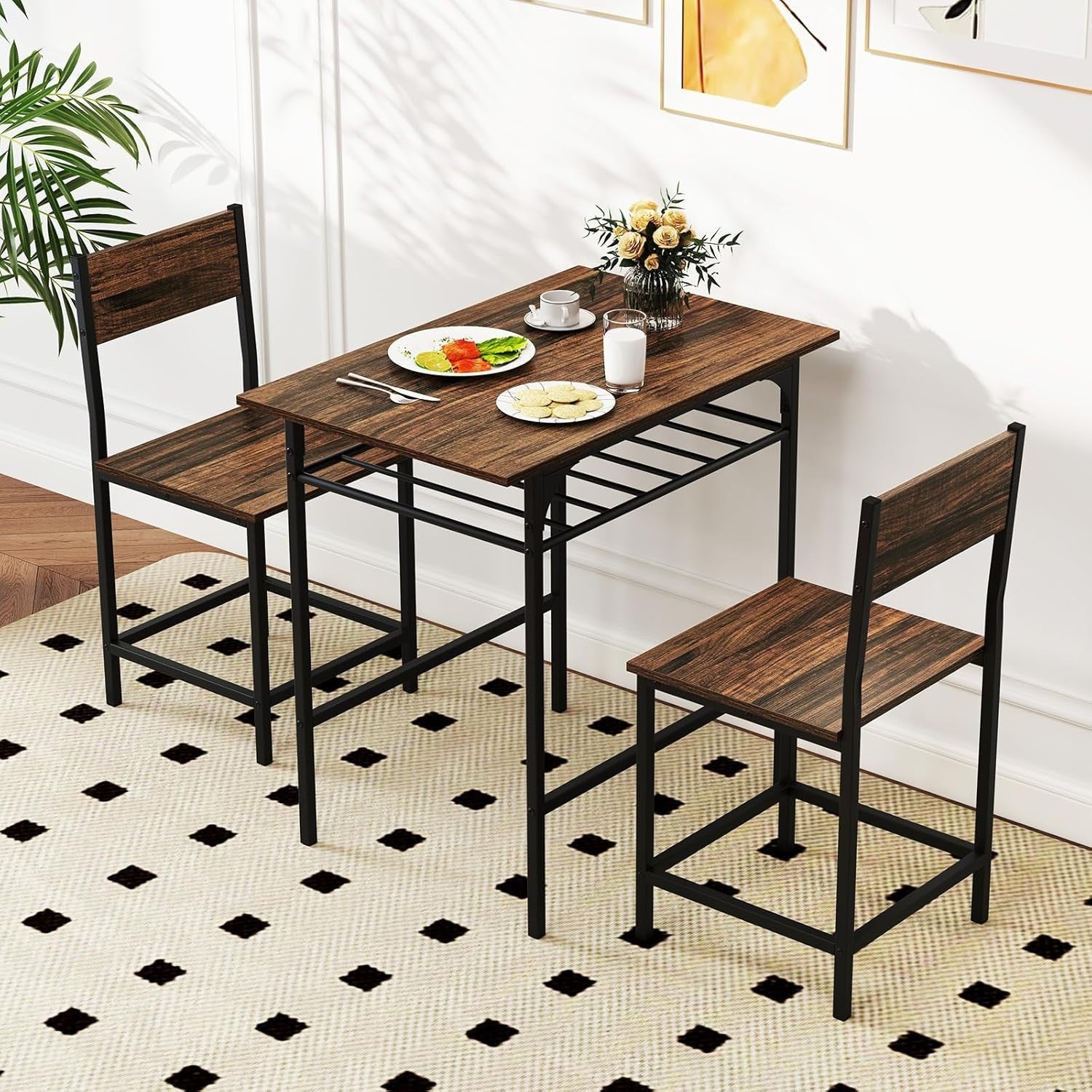 3-Piece Rustic Brown Bar Table Set with 2 Stools & Storage Rack Dining Furniture