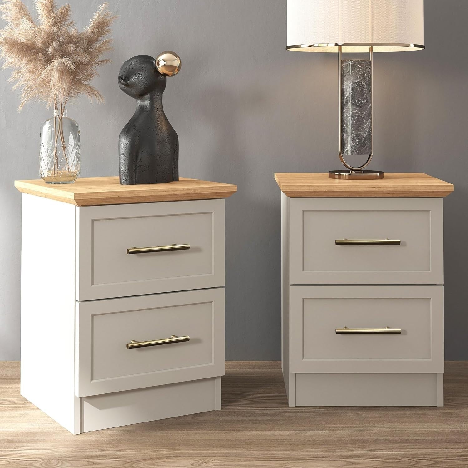 Light Grey & Oak 2 Drawer Bedside Table | Modern Bedroom Storage Nightstand