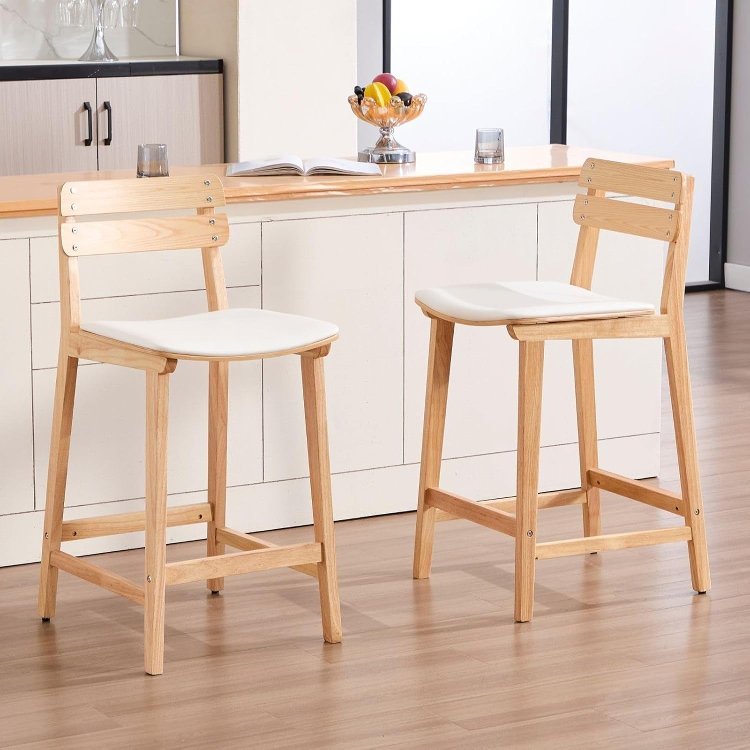 Wood Bar Stools Set of 2 Beige PU Leather Farmhouse Counter Chairs
