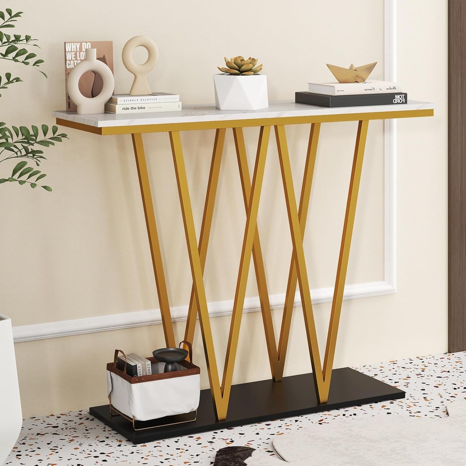 Faux Marble Console Table Slim Entryway Gold Metal Frame 100x30x79cm