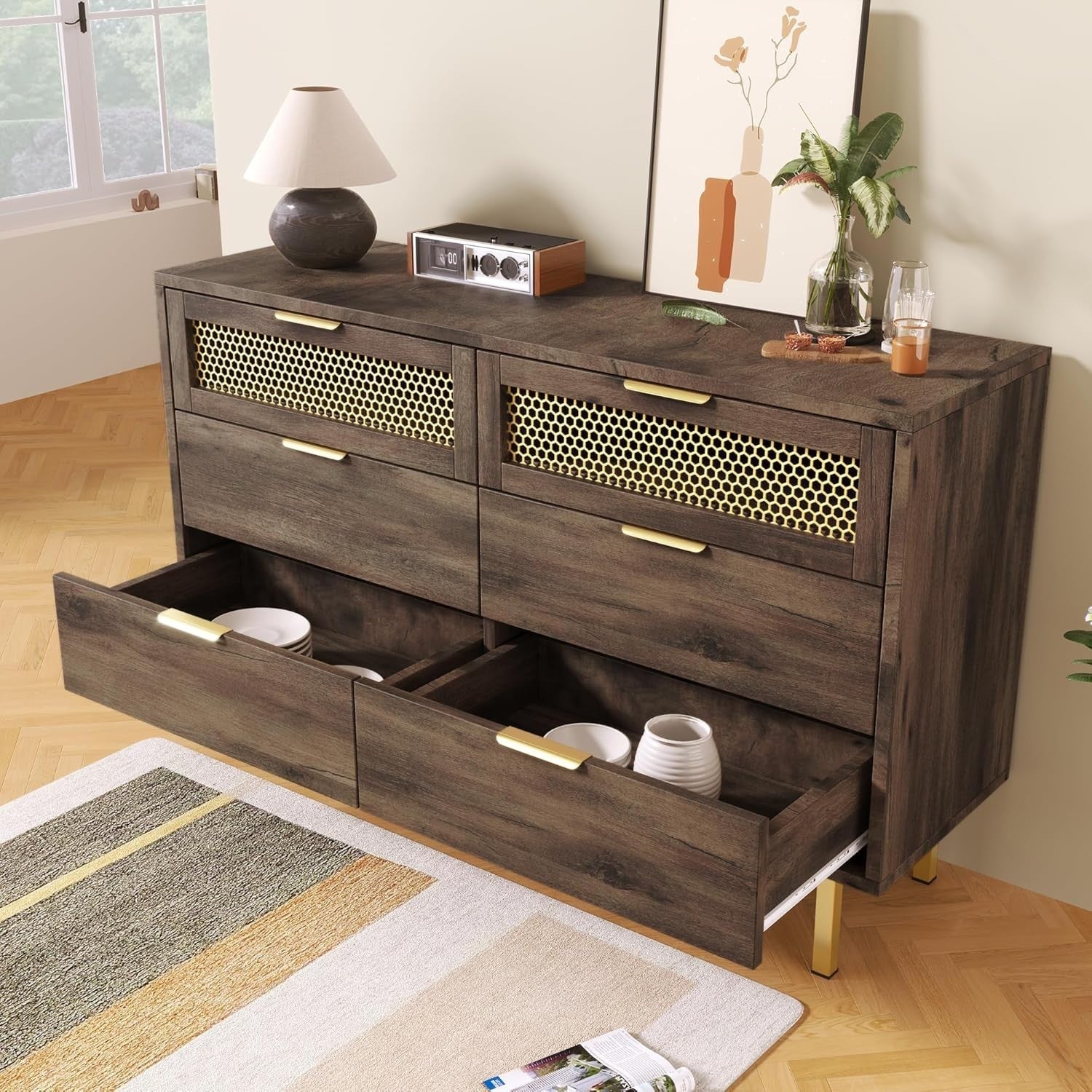 Dark Brown Sideboard Cabinet with 3 Drawers, 2 Doors & Adjustable Shelves