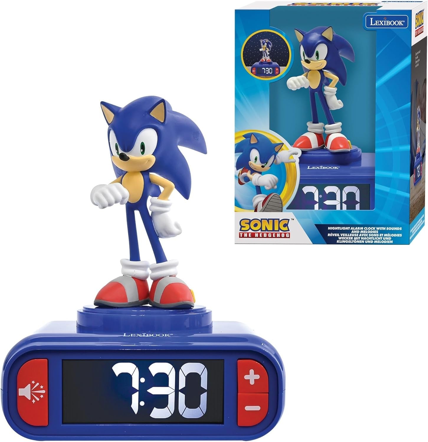 Kids Blue Hedgehog Alarm Clock Night Light LCD Snooze Sound Effects