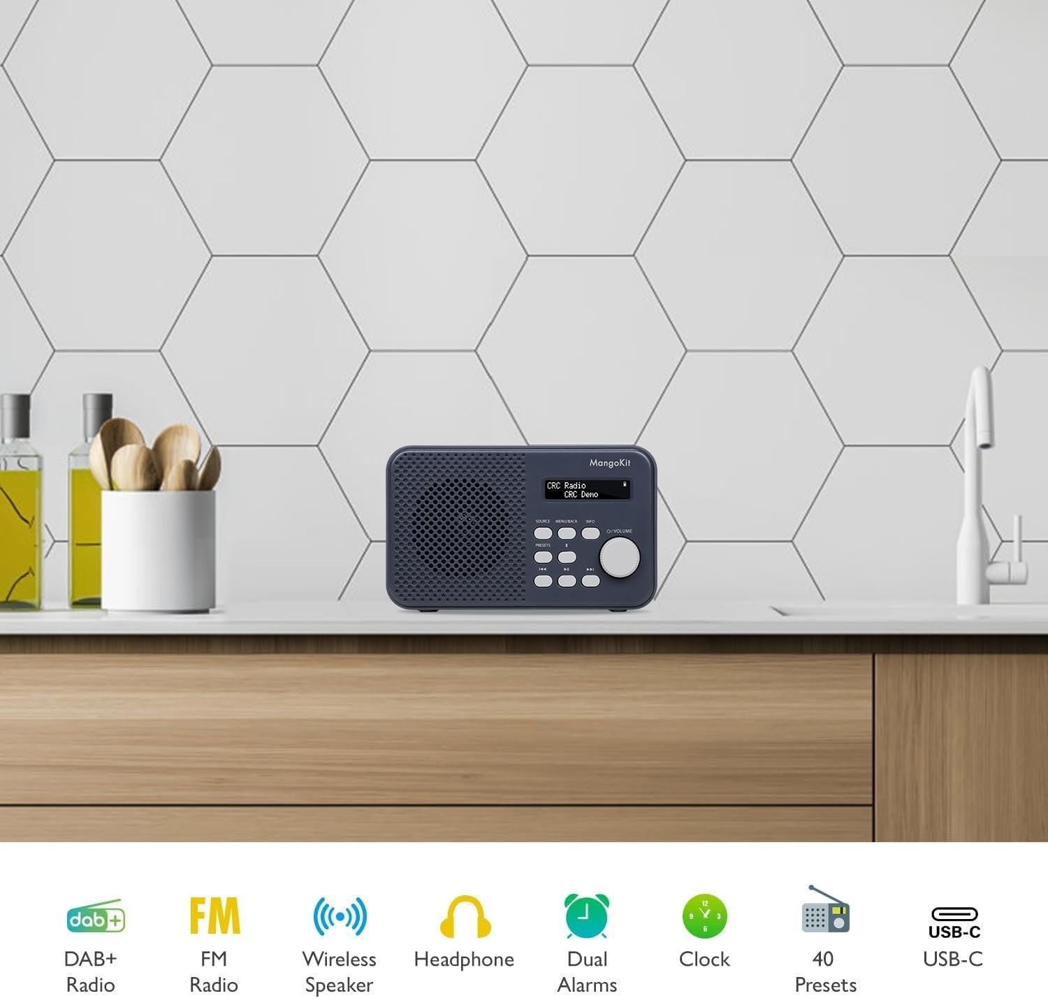 Portable DAB DAB+ FM Radio Bluetooth Kitchen Alarm Dark Grey