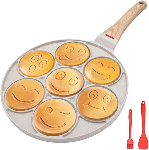 Smiley Face Pancake Pan 26cm White Non Stick 7 Hole Mini Pancake Maker Kids