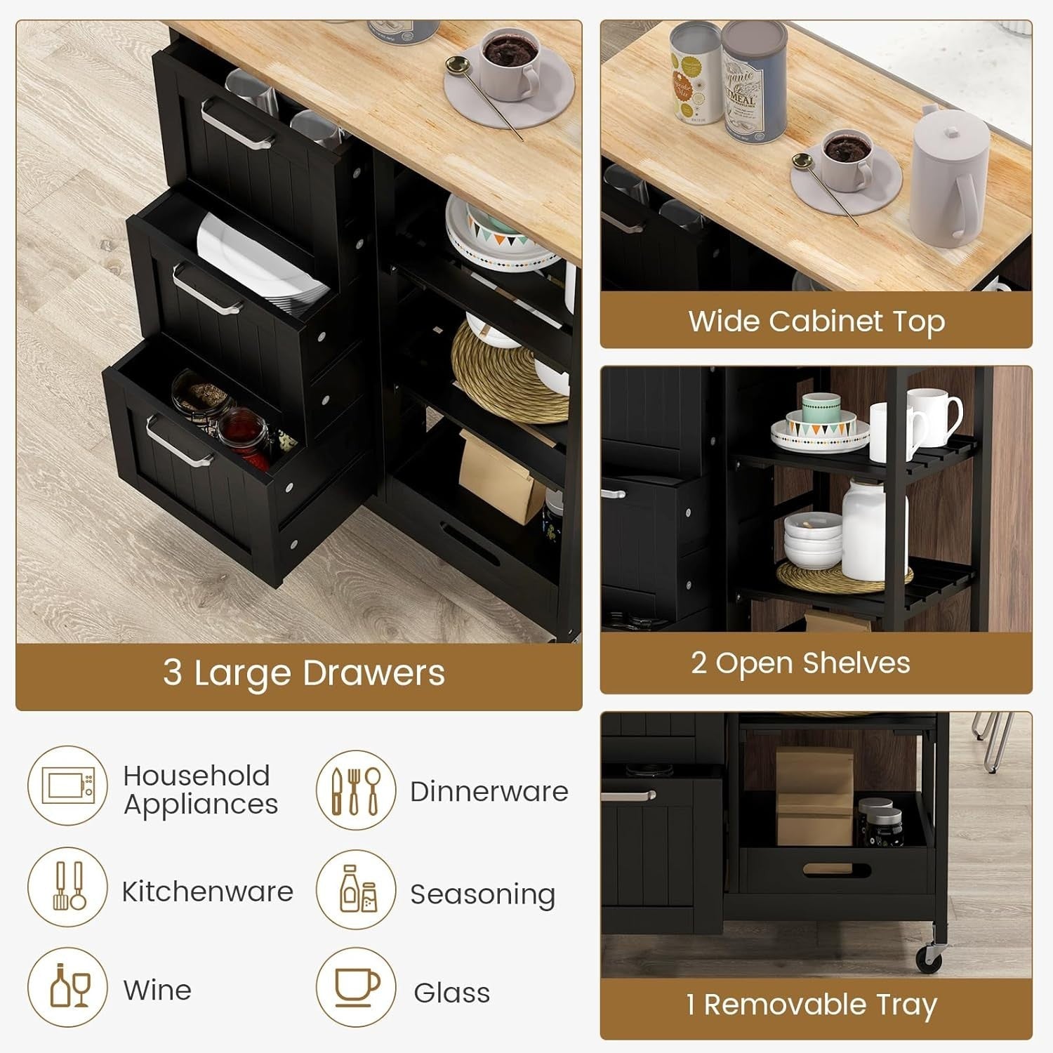 Rolling Kitchen Island Cart with 3 Drawers, Open Shelves & Sturdy Wheels