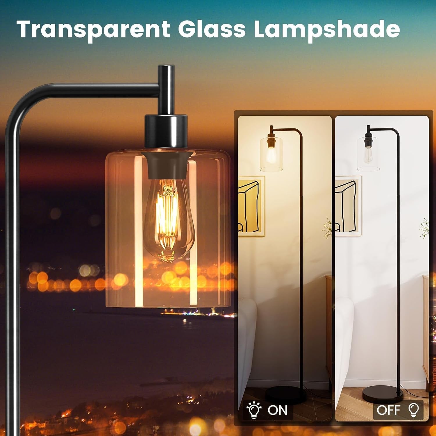 Industrial Floor Lamp Glass Shade Black Tall Standing Light Foot Switch