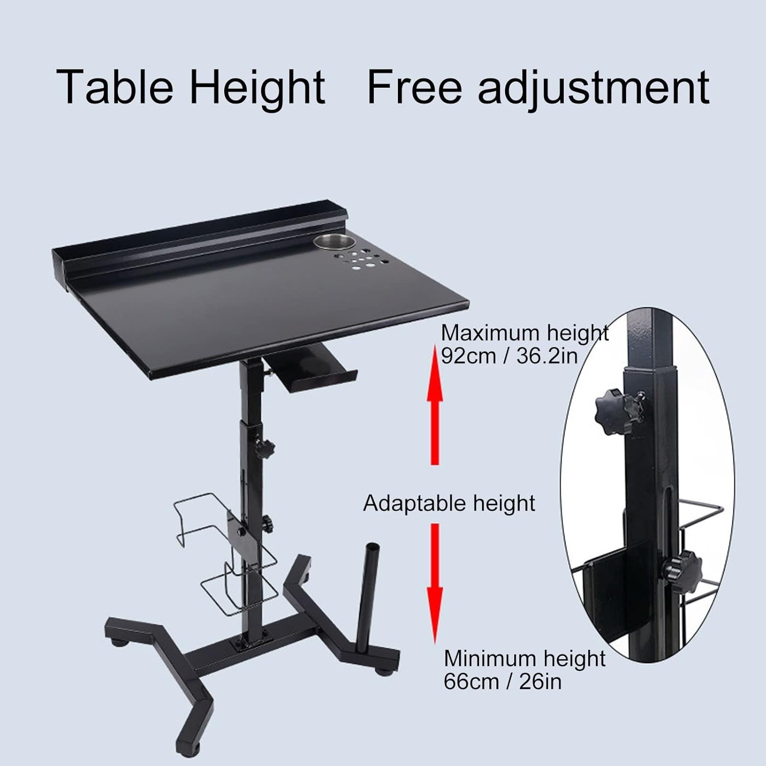 Height Adjustable Tattoo Workstation Mobile Desk with Storage Tray Rolling Stand