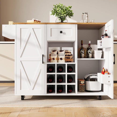 Kitchen Island Trolley with Foldable Tabletop, Wine Rack, Storage & Wheels