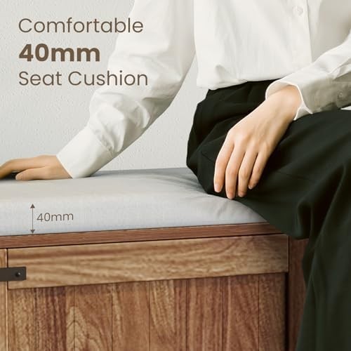 Rustic Brown Shoe Storage Bench, Cushion Seat 2-Door Cabinet & Adjustable Shelve