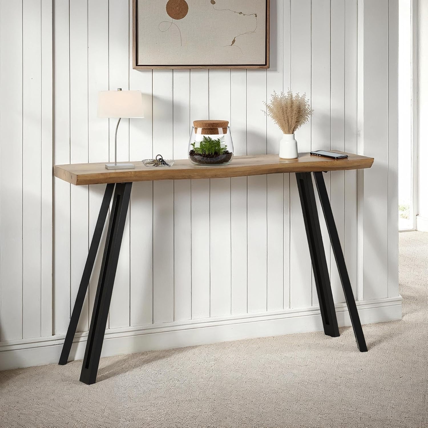 Industrial Console Table Oak Effect – Slim 120cm Entryway Desk w/ Metal Legs