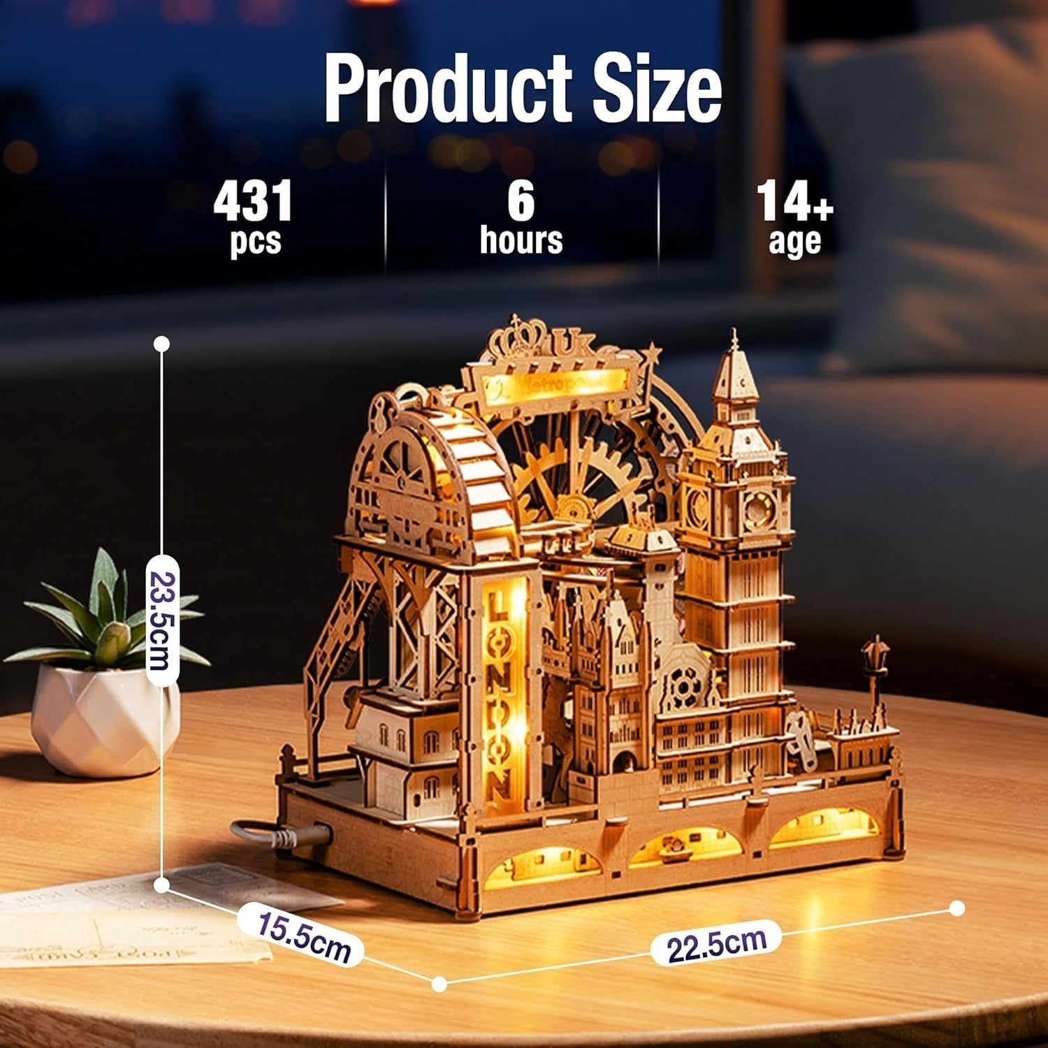 3D Wooden London Landmark Puzzle with Marble Track & LED Lights
