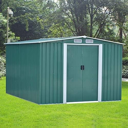 Large Metal Garden Storage Shed 10x8ft Waterproof Outdoor Tool & Bike Shed Green