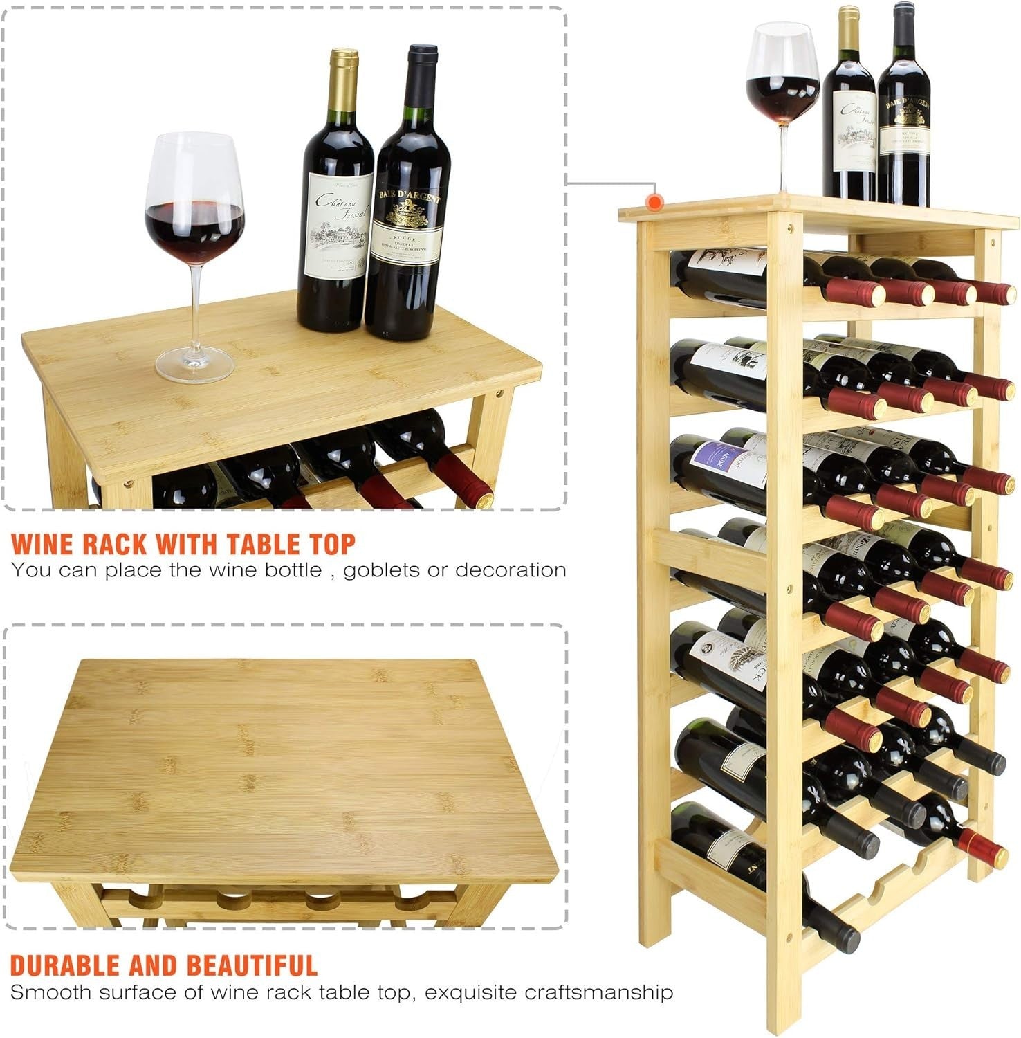 28 Bottle Bamboo Wine Rack Freestanding 7 Tier Storage Shelf with Table Top