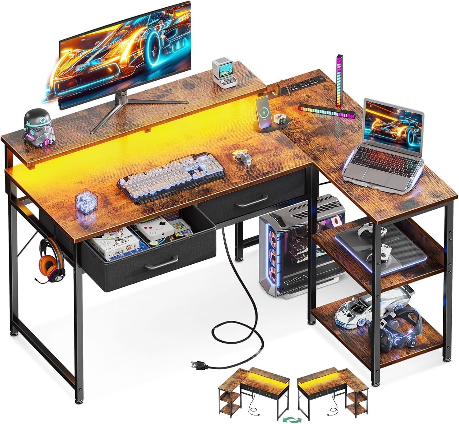 L Shaped 40" Gaming Desk w/ USB Ports, Drawers & LED – Vintage Home Office Table