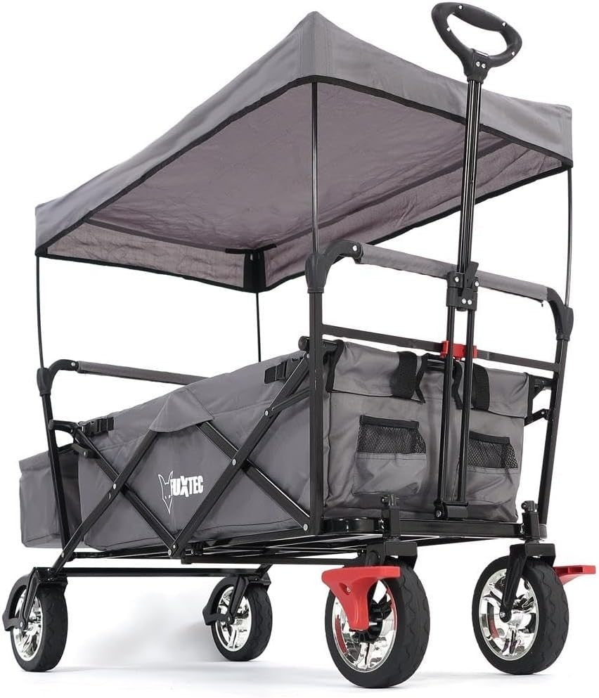 Grey Kids Folding Wagon Push Pull Stroller Cart w/ Canopy & Storage Bag