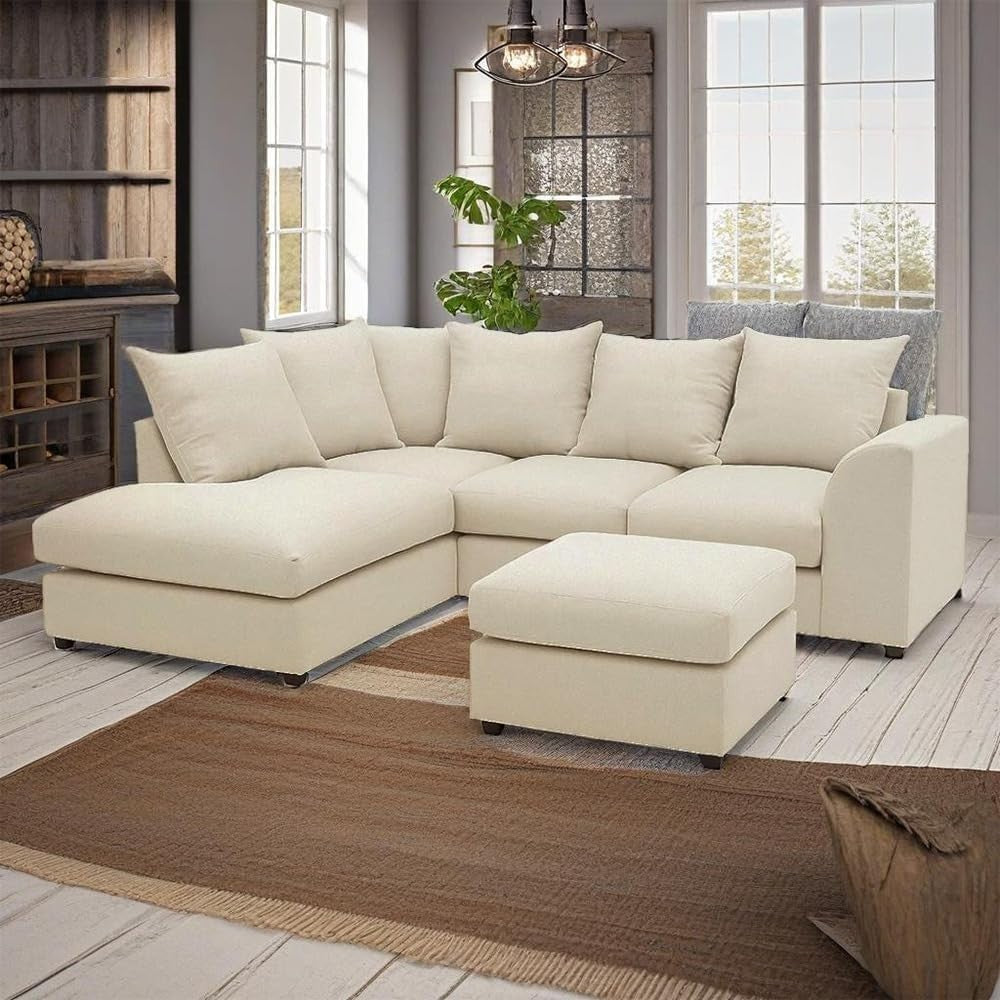 Cream 4 Seater L Shaped Corner Sofa with Footstool – Left Hand Sectional
