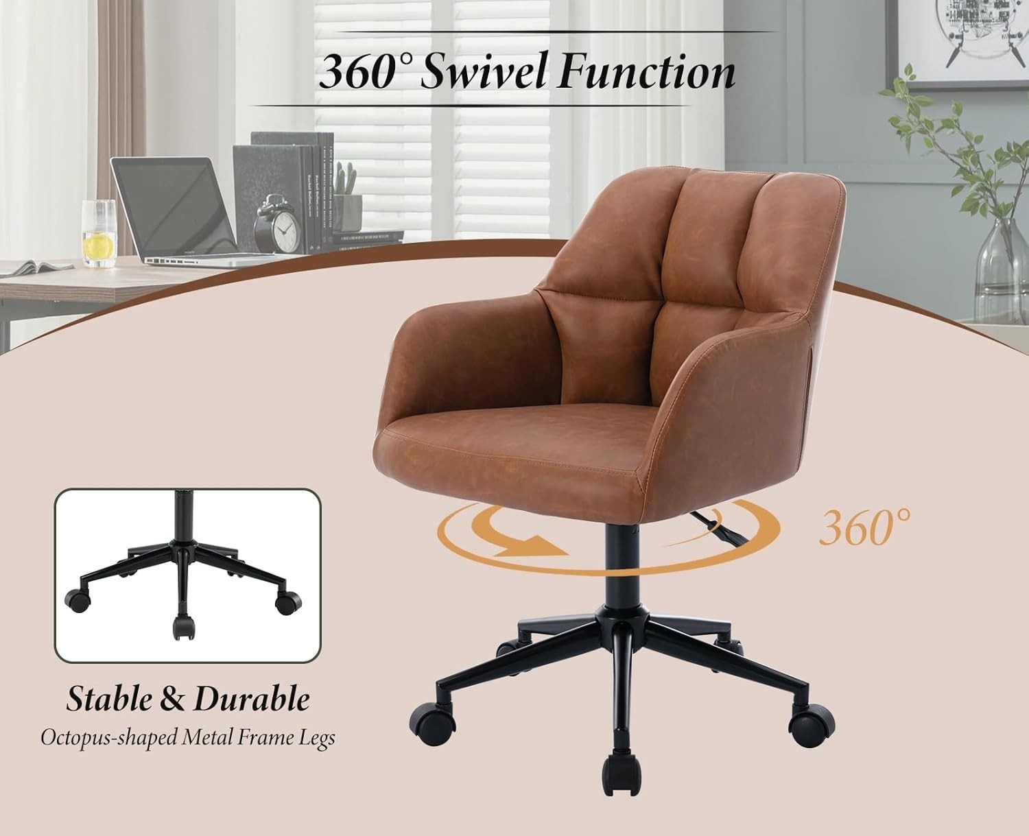 Faux Leather Office Chair Brown Swivel Desk Seat Height Adjustable Metal Base