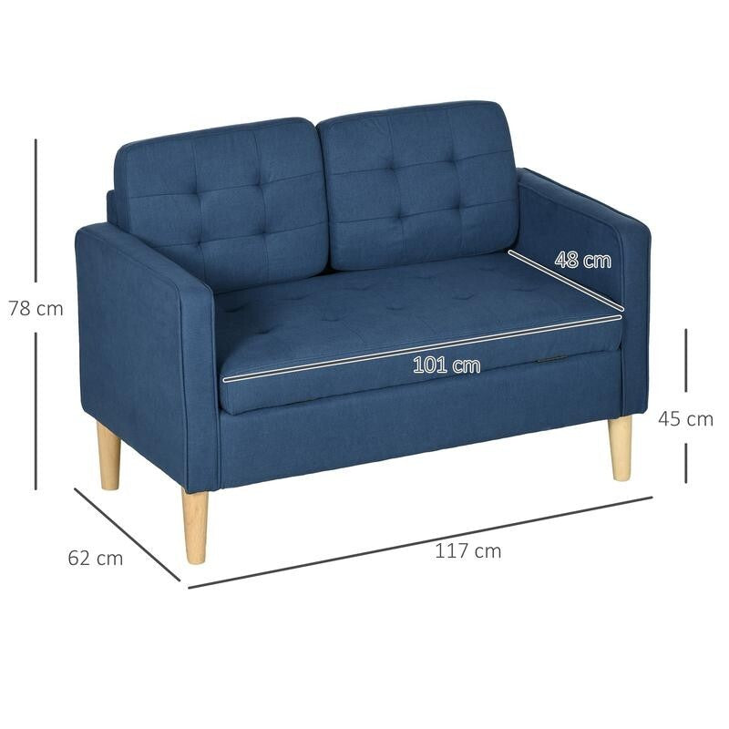 2 Seater Sofa Blue Storage Couch Tufted Fabric Compact Seat Wooden Legs