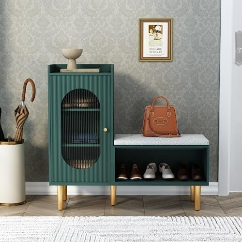 L-Shaped Shoe Storage Bench with Cushion Glass Doors 100×30×92 cm Green
